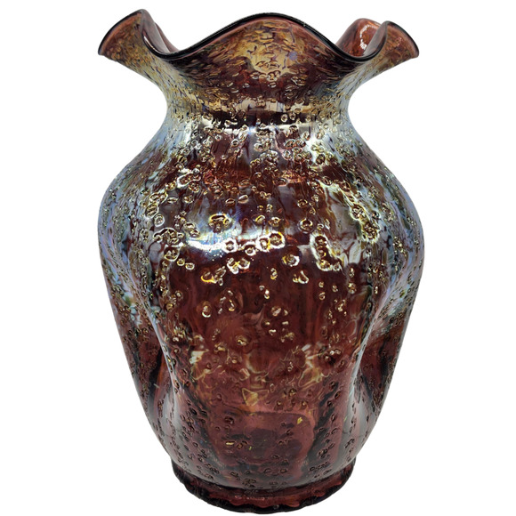 Vintage Dugan Glass Amethyst Frit Large Triple Pinch Bulbous Vase Lustre Finish